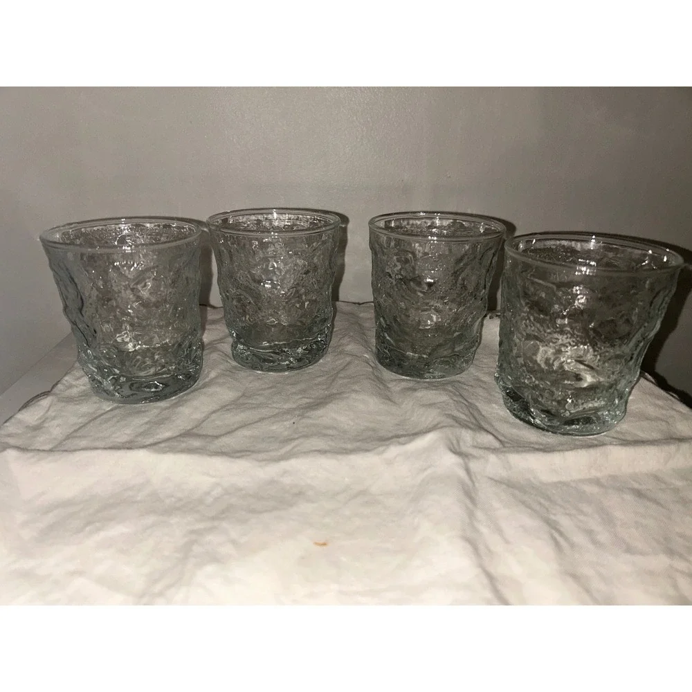 Set of 4 Textured Clear Glass Tumblers Crinkle Ice Bark Lowball Whiskey Glasses